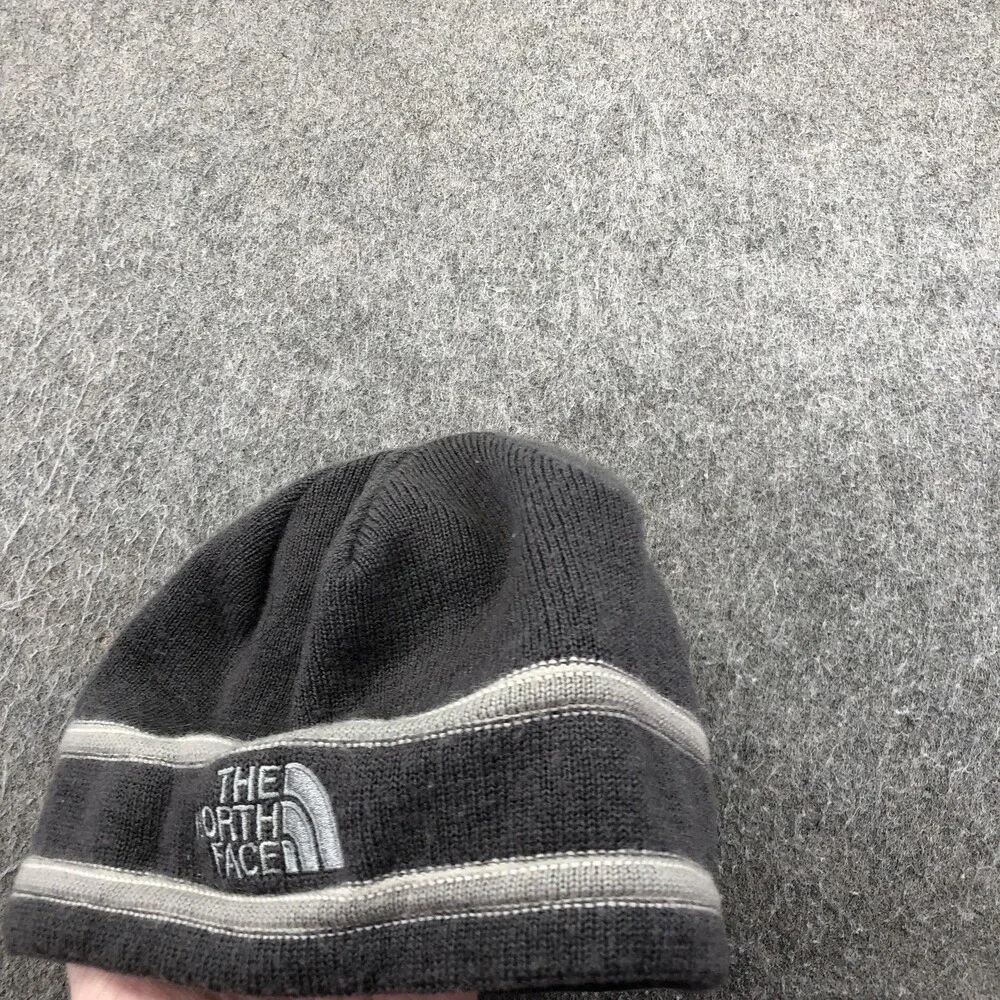 The North Face Hat Beanie Mens One Size Gray Striped Fleece Lined Winter Thermal